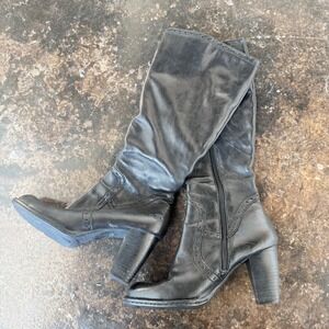 Born Boots Knee High Black Leather Stacked Block Heel Womens 7 Y2K W31646